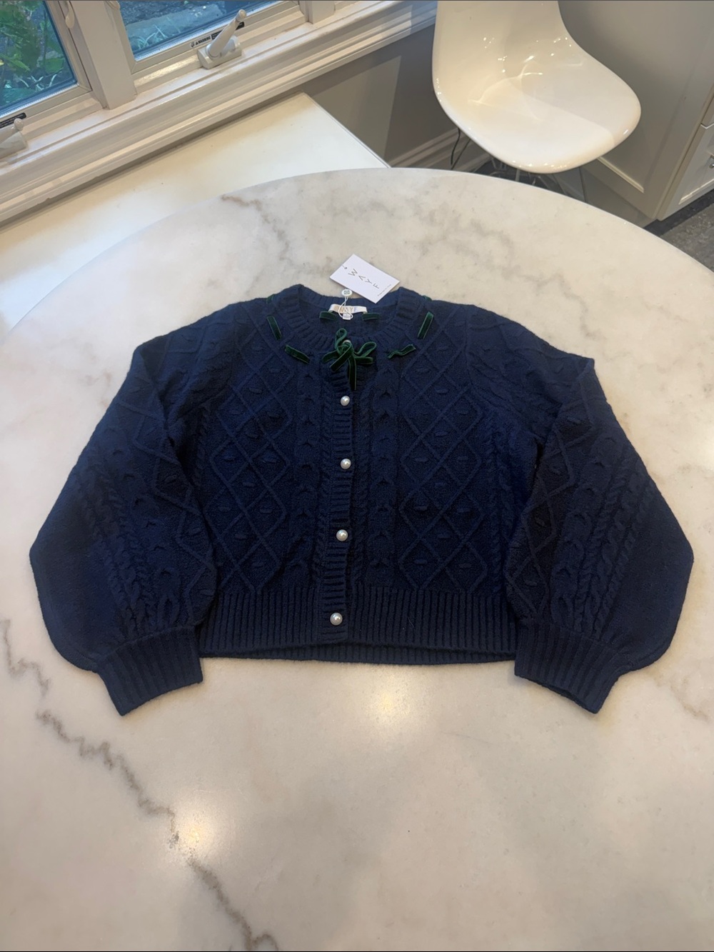 NWT Wayf Navy Cable-Knit Cardigan with Green Velvet Bow & Pearl Buttons